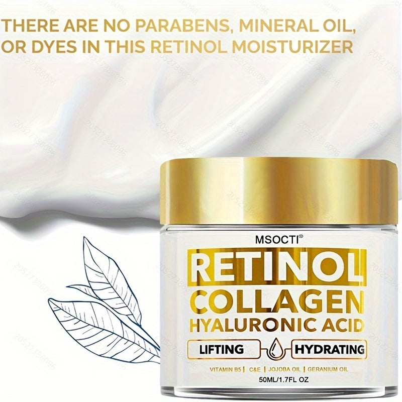 Creme de retinol e colágeno de 50ml em embalagem dourada, promove lifting e hidratação para pele jovem.