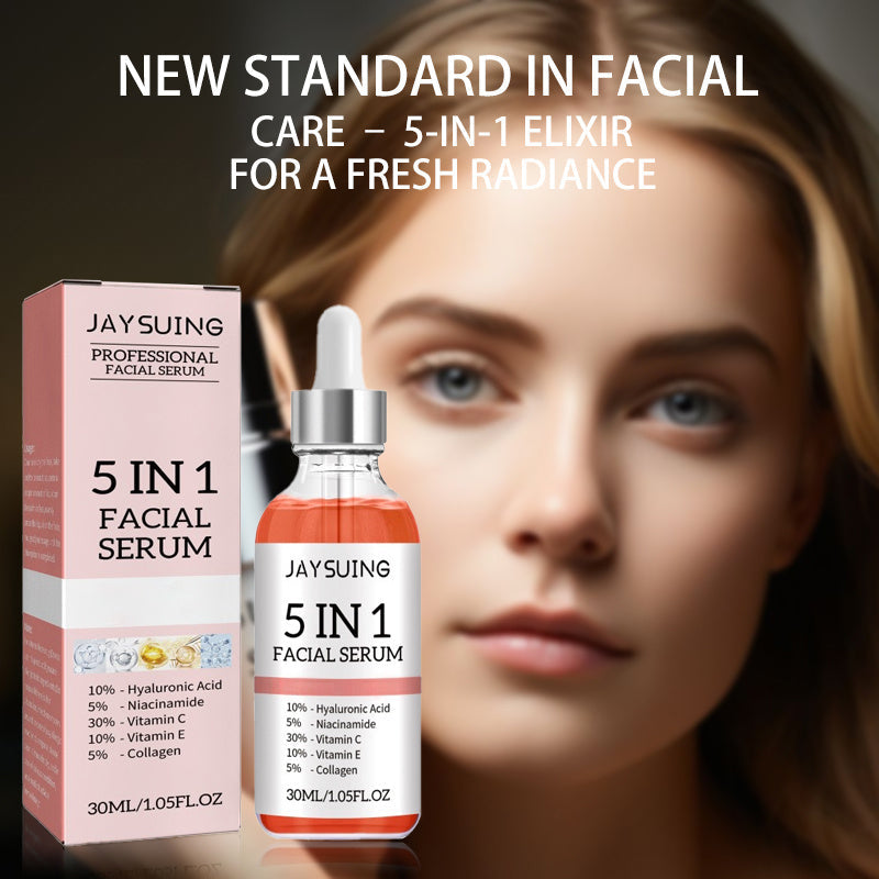 Essência facial hidratante coreana 5 em 1, rica em ingredientes como ácido hialurônico e colágeno, com frasco e fundo suave