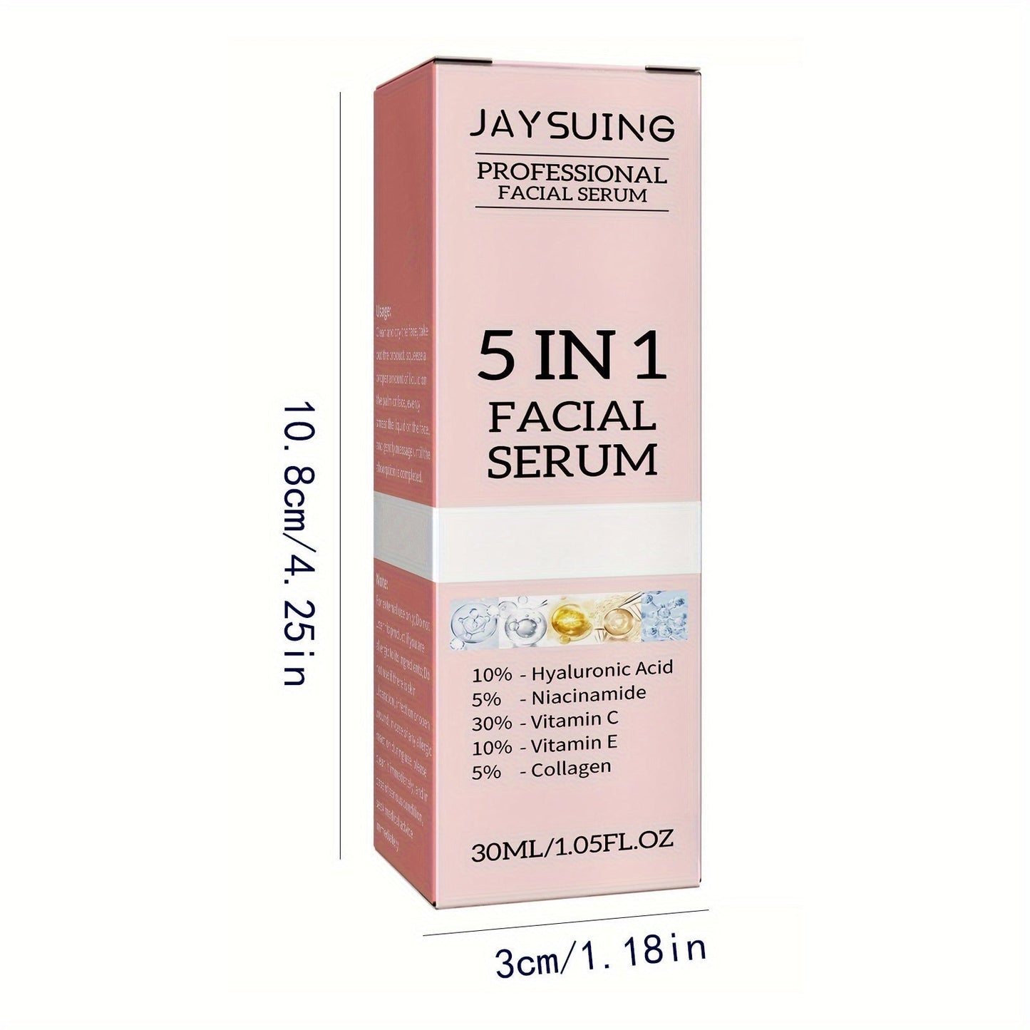 Essência facial hidratante coreano 5 em 1 da Jay Suing em embalagem rosa, com ingredientes como ácido hialurônico e colágeno.