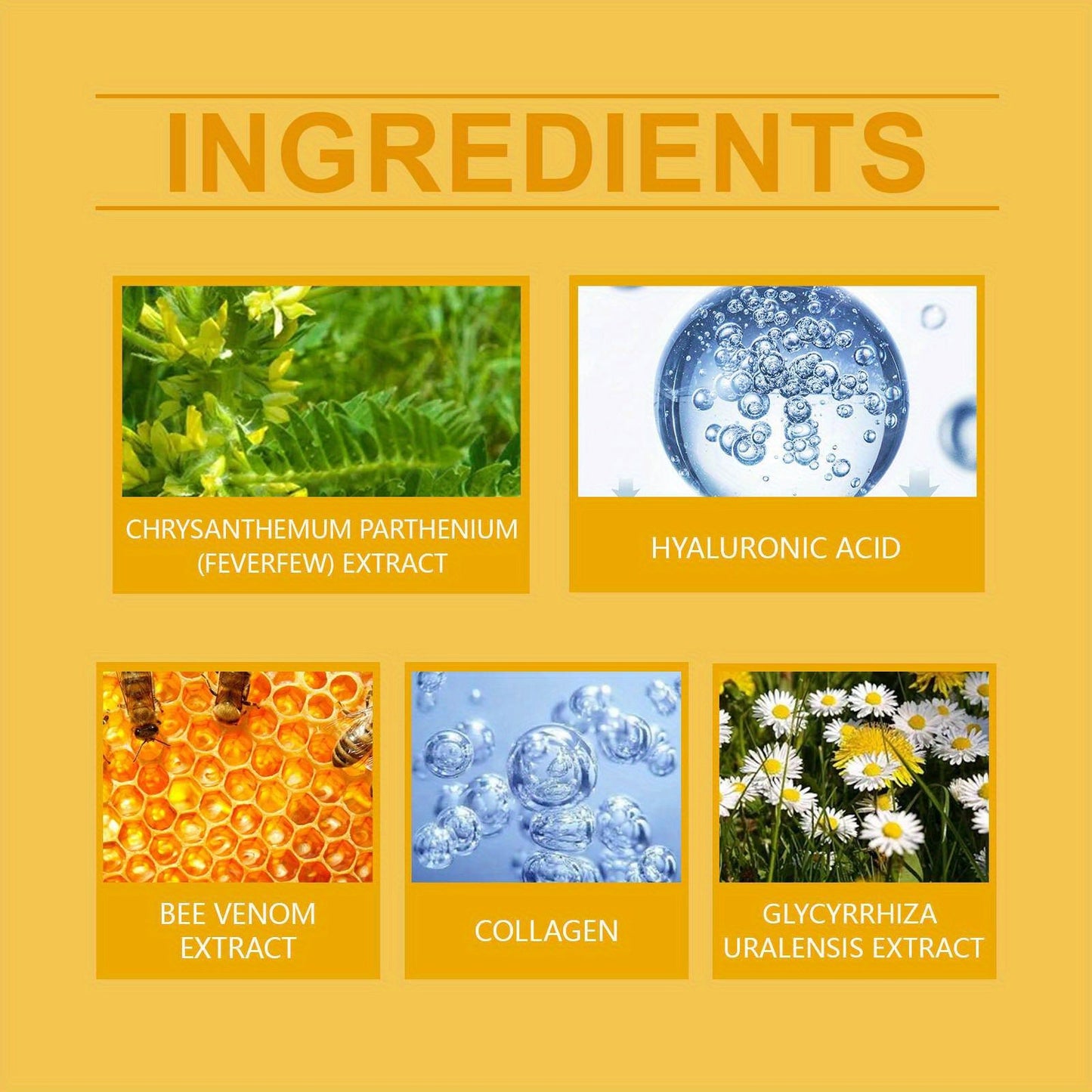 Tabela de ingredientes para 60 máscaras para olhos acido hialuronico, incluindo extratos de flores e colágeno.