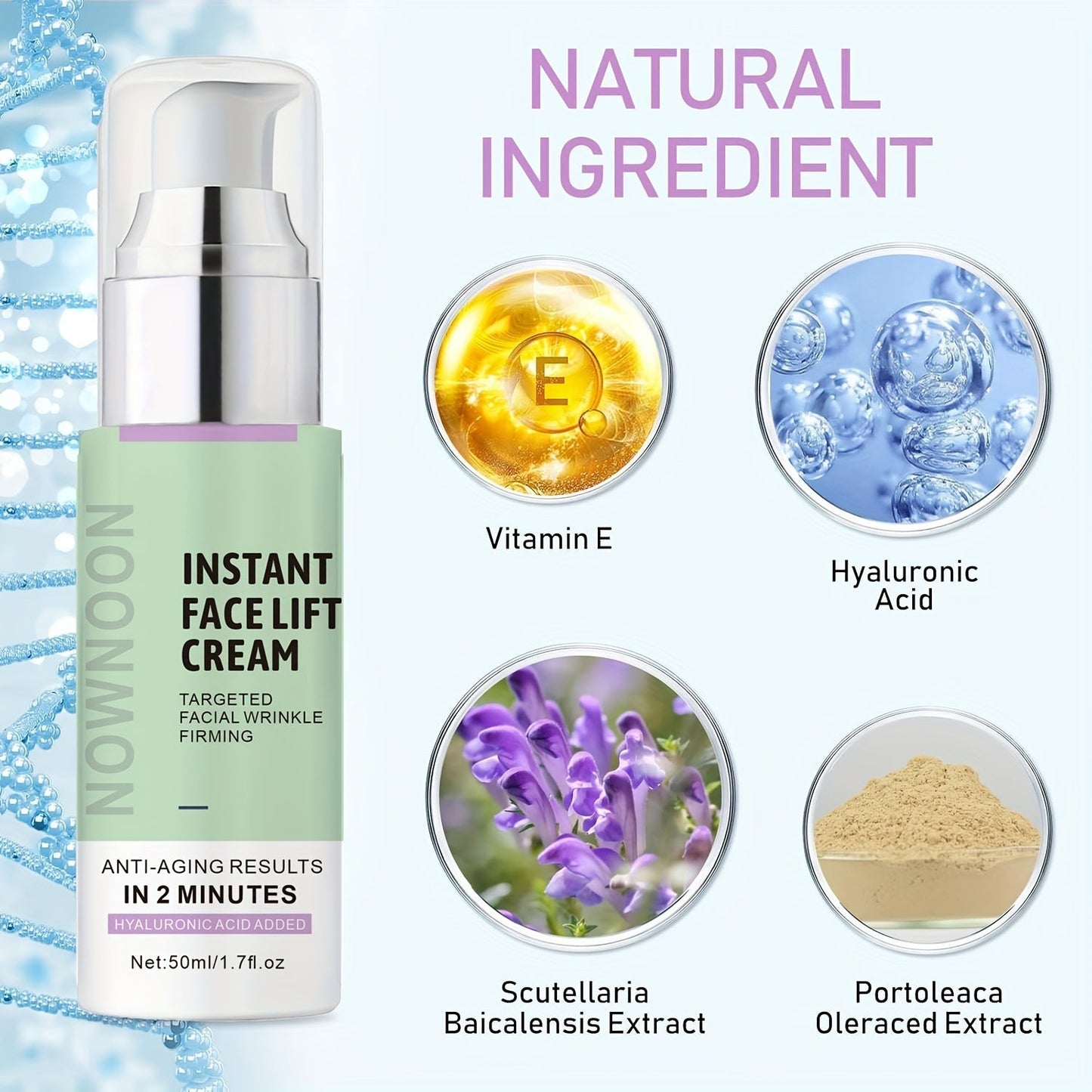 Creme anti-idade para lifting facial com ácido hialurônico, vitamina E e extratos naturais disponível na Terra de Estrelas
