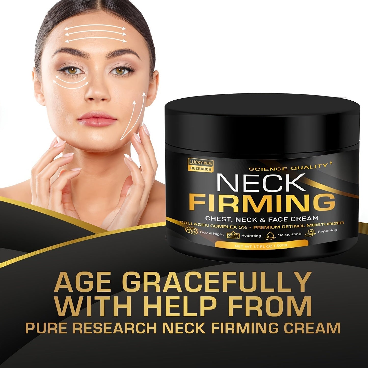 Creme firmador pescoco e rosto Lucky Musn, formula com complexo de colágeno e retinol para uma pele jovem e hidratada