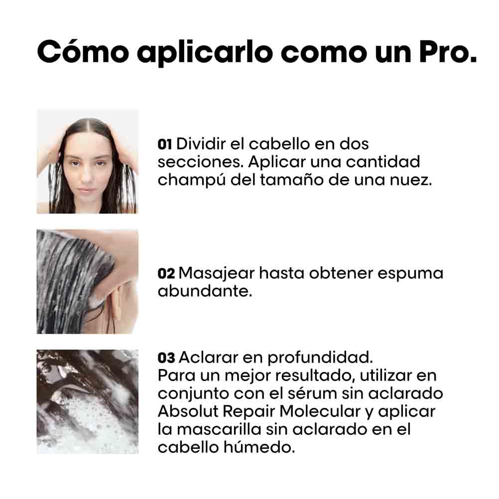 L'Oréal Professionnel, Shampoo Profissional Sem Sulfato, Nutre Profundamente, Repara Danos e Fortalece os Cabelos, Para Cabelos Secos e Danificados, Fórmula Patenteada, Absolut Molecular Repair, 300ml