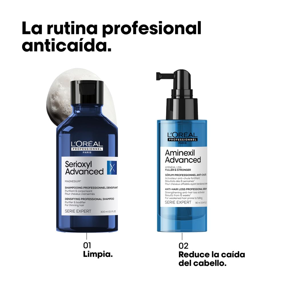 L'Oréal Professionnel Aminexil Advanced Sérum Fuller & Stronger, enriquecido com ativos dermatológicos para prevenir a queda de cabelo, Aminexil Advanced, 90 ml