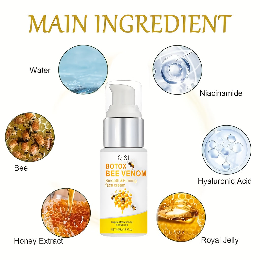 Creme facial veneno de abelha QISI de 50ml com ingredientes como extrato de mel e ácido hialurônico para hidratação youthful