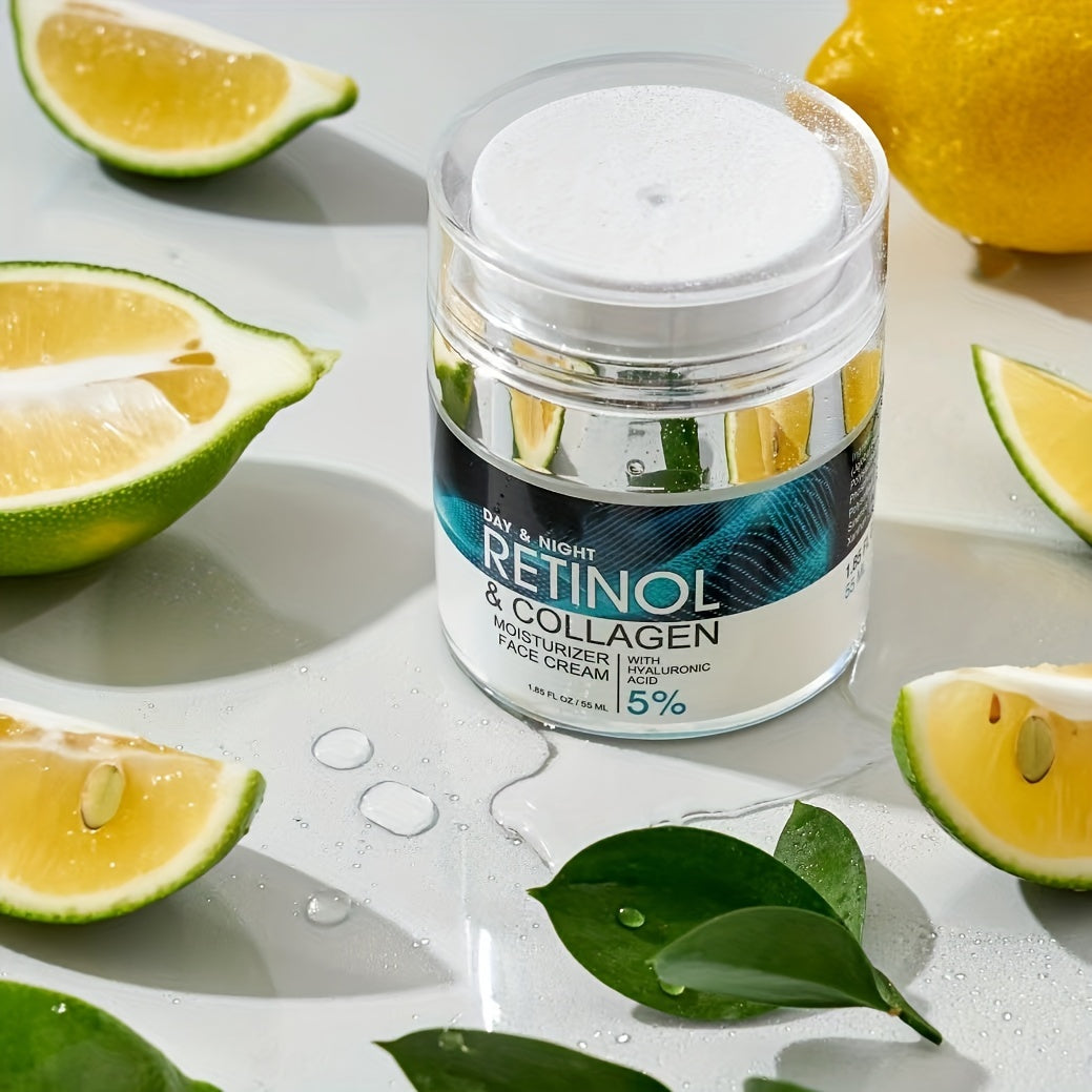 Hidratante retinol 50ml com colágeno, ideal para pele radiante, rodeado de limões e folhas verdes.