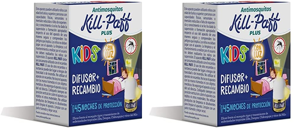 KILL-PAFF KIDS | Inseticida elétrico | Repelente de mosquitos | Eficaz contra mosquitos-tigre e transmissores de doenças tropicais | Sem cheiro | 45 noites de proteção | Conteúdo: 1 Diferencial + 1 Repelente