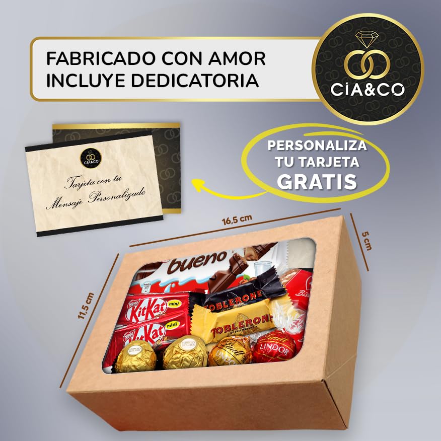Caixa de presente original com 17 chocolates Kinder Bueno, cartões Kinder, Twix, Mars, Kit Kat, Huesitos, biscoito Lotus Biscoff e muito mais