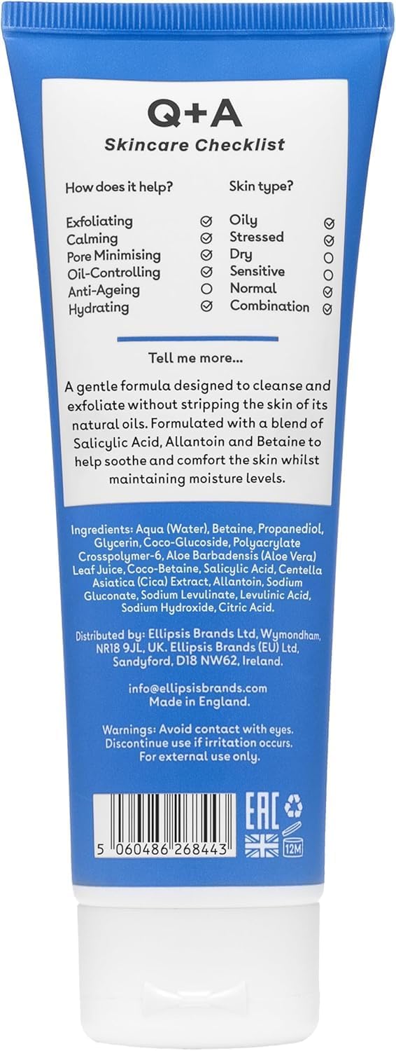 Limpiador diario con ácido salicílico Q+A, exfoliante para piel limpia, vegano, 113 ml