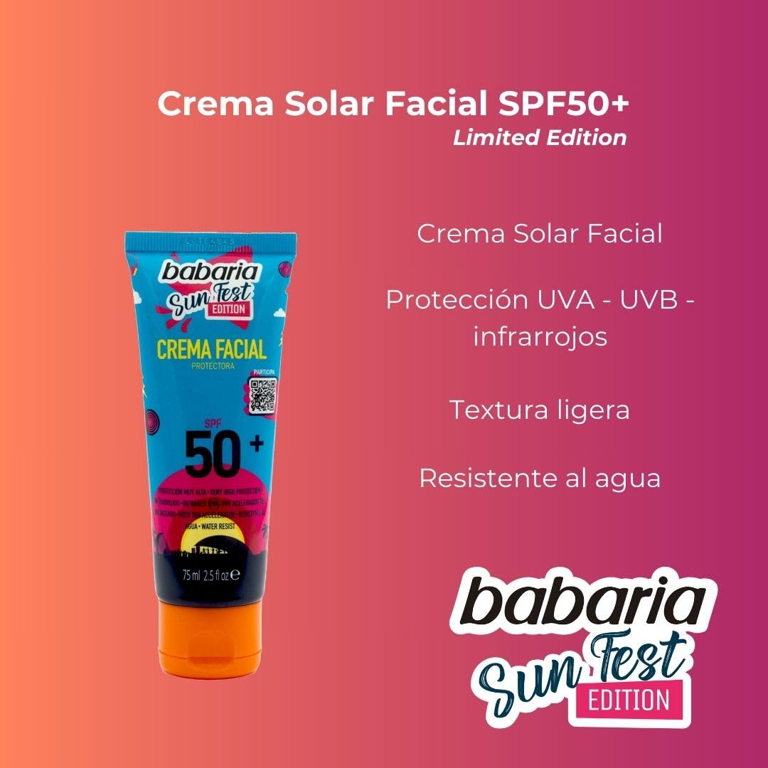 Babaria - Protetor solar facial 50+ Sunfest, edição limitada - 75 ml