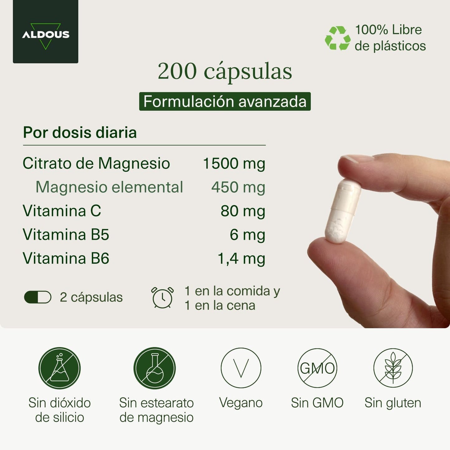 Cápsulas de magnésio com vitamina C, B6 e B5, embalagem de 200 unidades para bem-estar e energia, fabricadas na Espanha