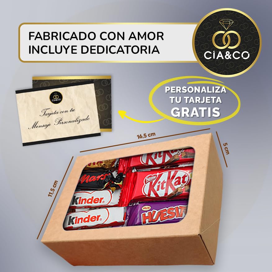 Caixa de presente original com 17 chocolates Kinder Bueno, cartões Kinder, Twix, Mars, Kit Kat, Huesitos, biscoito Lotus Biscoff e muito mais