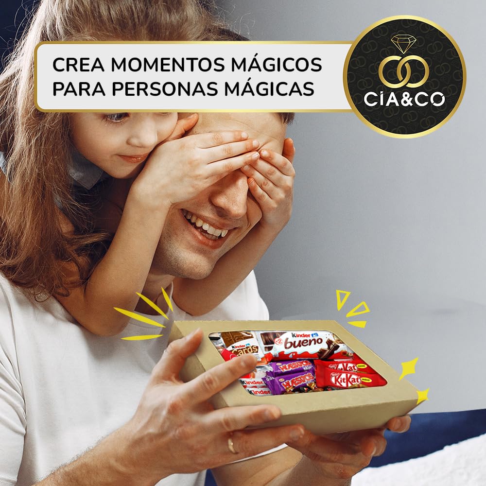 Caixa de presente original com 17 chocolates Kinder Bueno, cartões Kinder, Twix, Mars, Kit Kat, Huesitos, biscoito Lotus Biscoff e muito mais