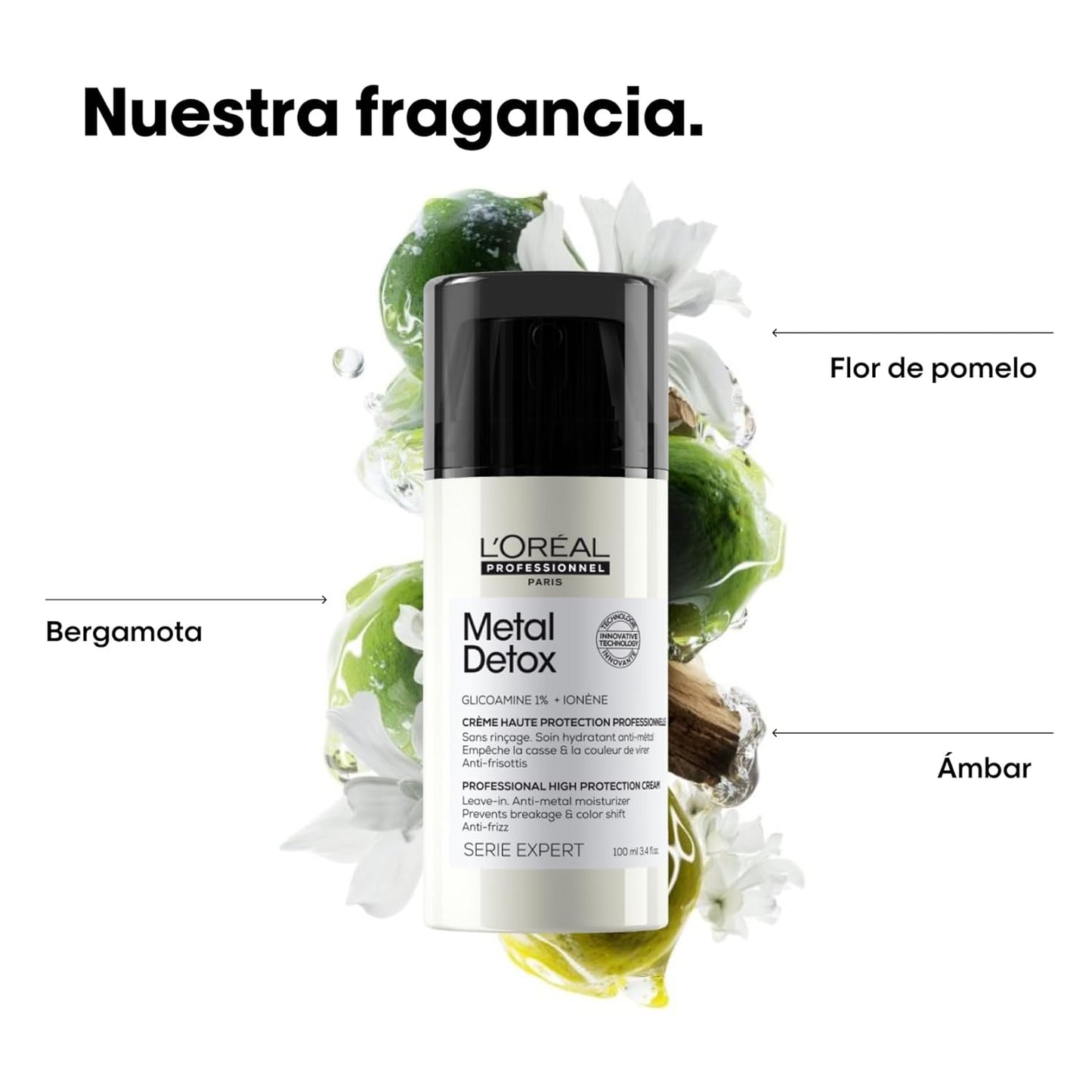 Creme Leave-in L'Oréal Professionnel, para cabelos danificados ou tingidos, cor mais duradoura e brilhante, para cabelos mais fortes, Metal Detox, 100 ml