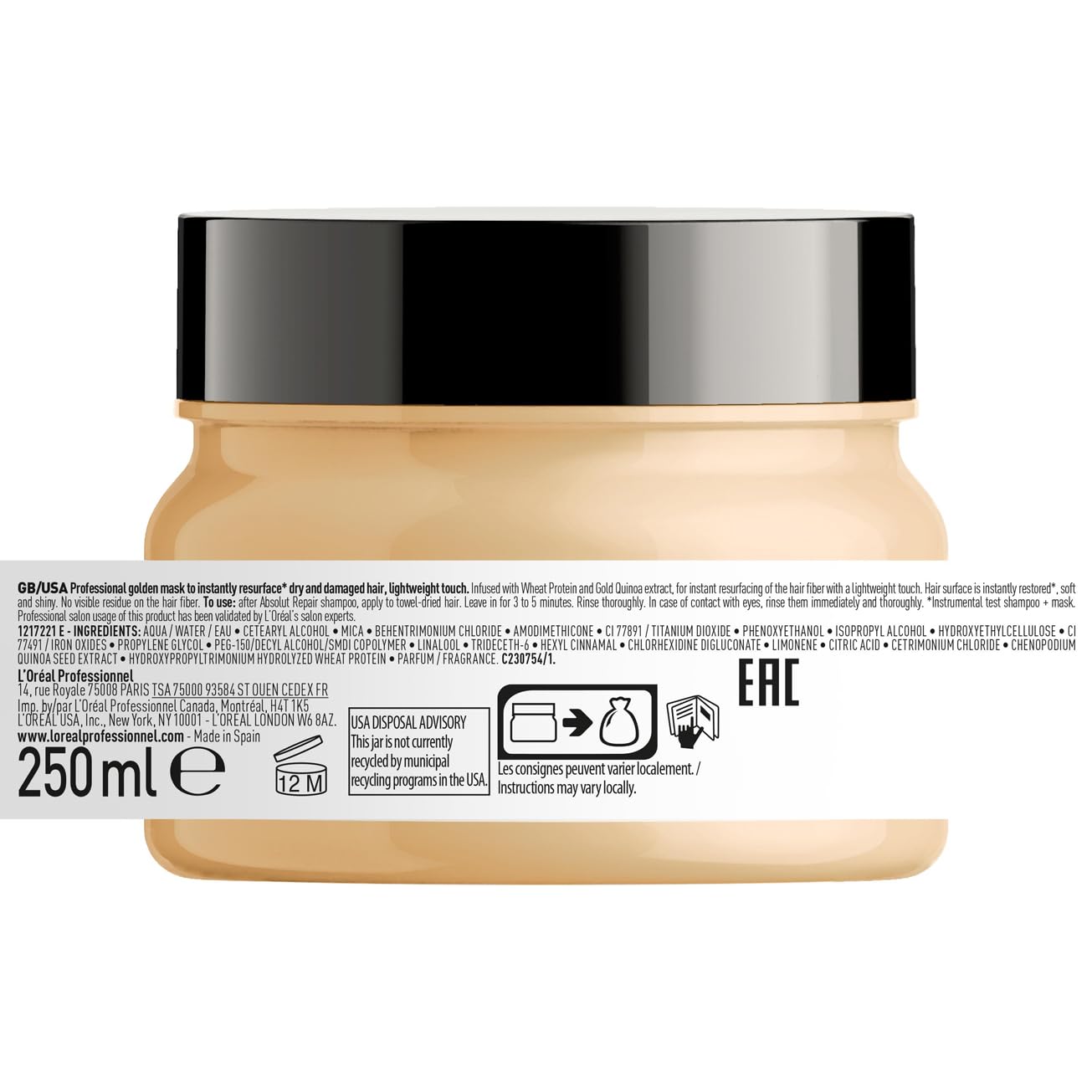 L’Oréal Professionnel, Máscara Dourada Tratamento Reconstrutor para Cabelos Secos e Danificados, Absolut Repair, 250ml