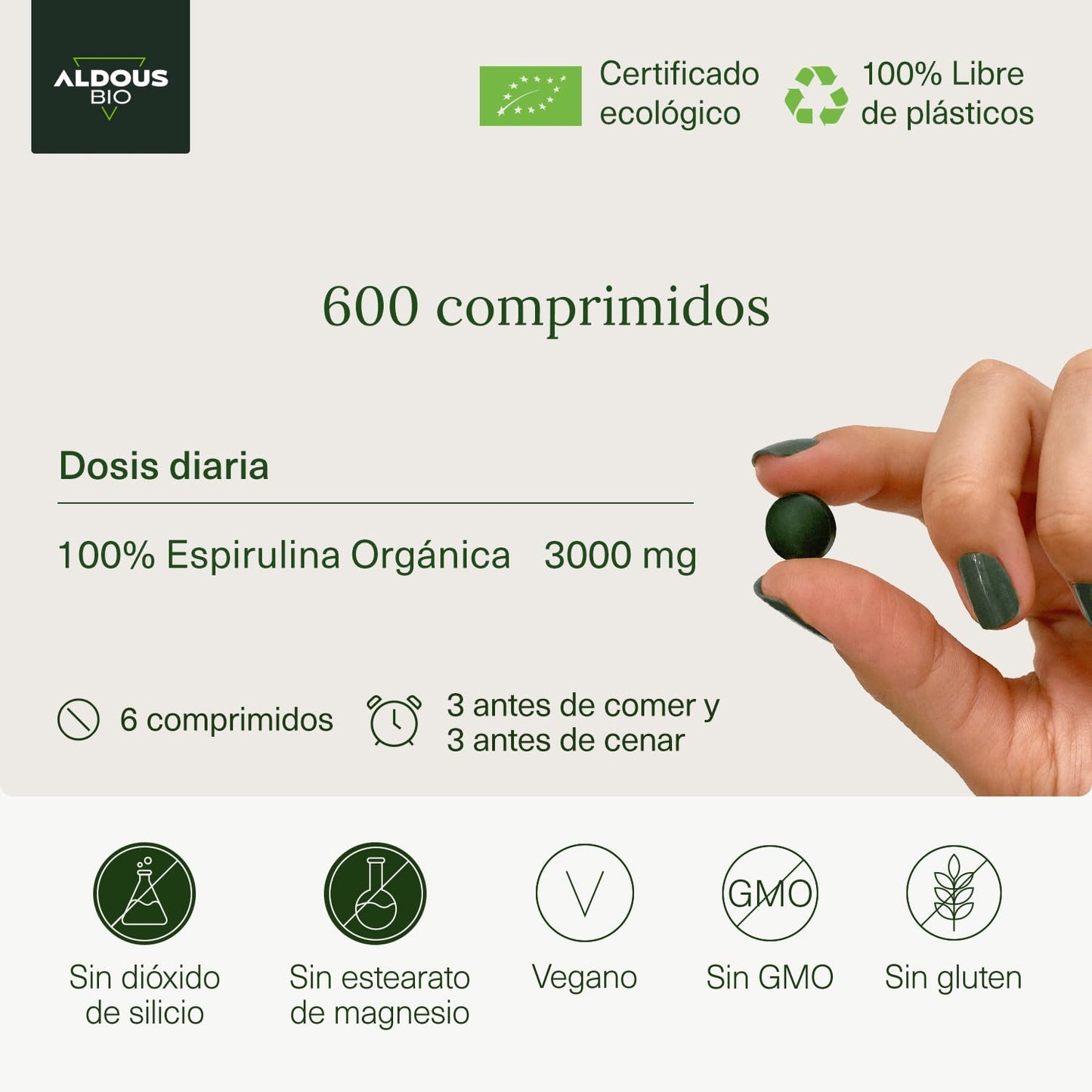 600 Comprimidos de Chlorella e Spirulina Aldous Bio