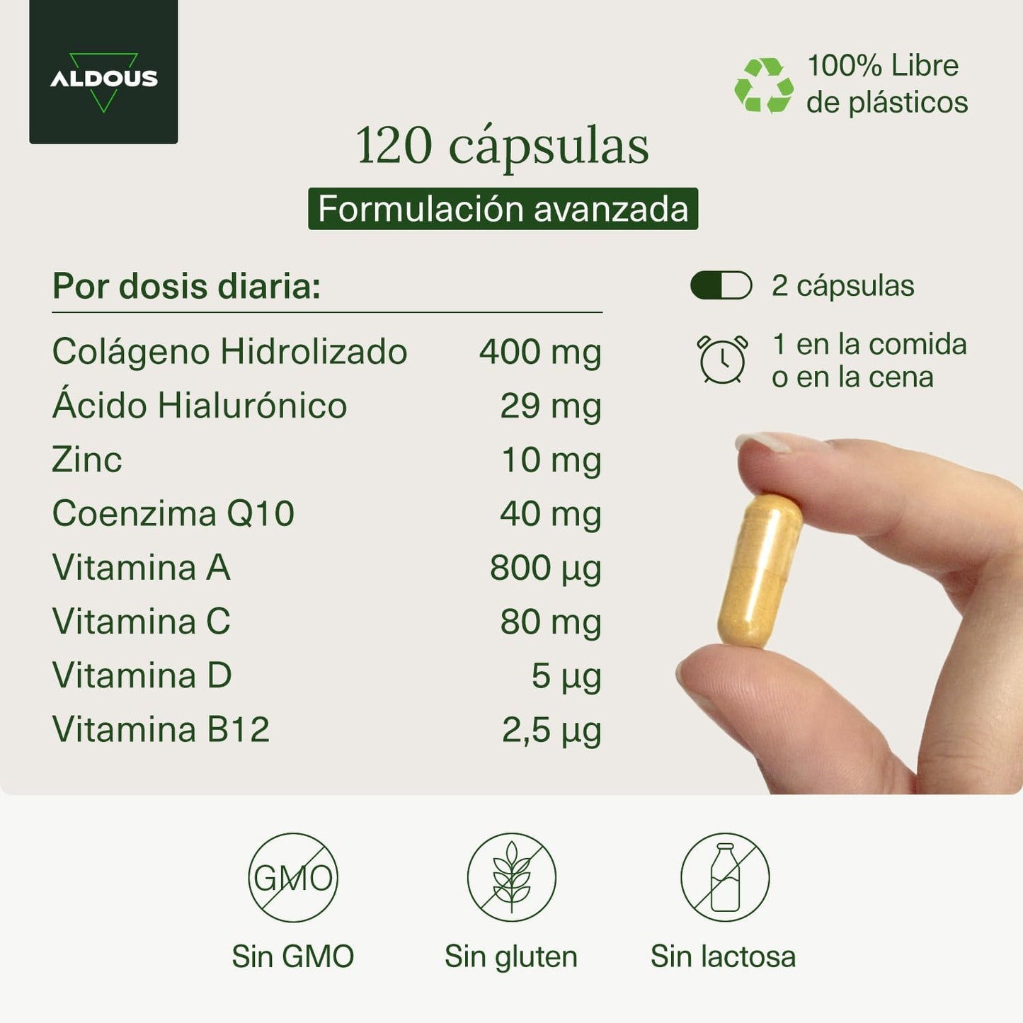 Colágeno + Ácido Hialurónico + Coenzima Q10 + Vitaminas y B12 + Zinc - 120 días