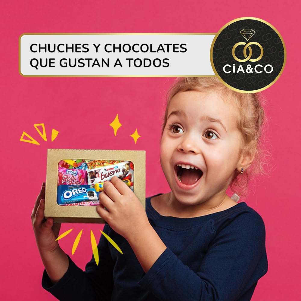 Caixa de presente original com 17 chocolates Kinder Bueno, cartões Kinder, Twix, Mars, Kit Kat, Huesitos, biscoito Lotus Biscoff e muito mais
