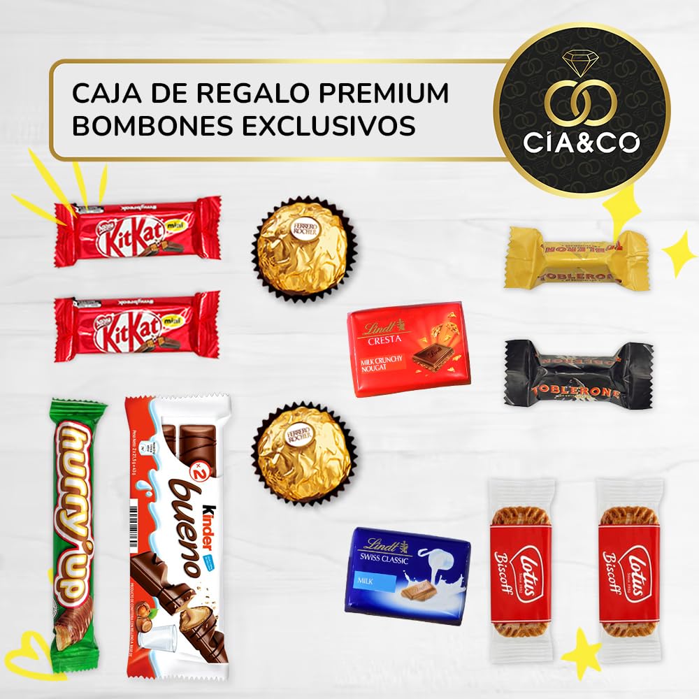 Caixa de presente original com 17 chocolates Kinder Bueno, cartões Kinder, Twix, Mars, Kit Kat, Huesitos, biscoito Lotus Biscoff e muito mais