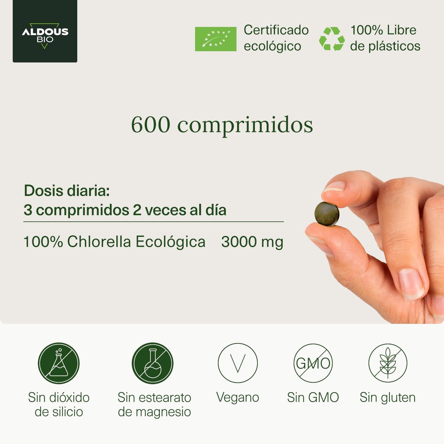 600 Comprimidos de Chlorella e Spirulina Aldous Bio