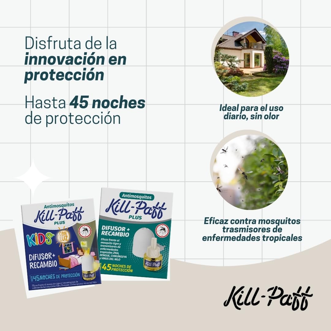 KILL-PAFF KIDS | Inseticida elétrico | Repelente de mosquitos | Eficaz contra mosquitos-tigre e transmissores de doenças tropicais | Sem cheiro | 45 noites de proteção | Conteúdo: 1 Diferencial + 1 Repelente