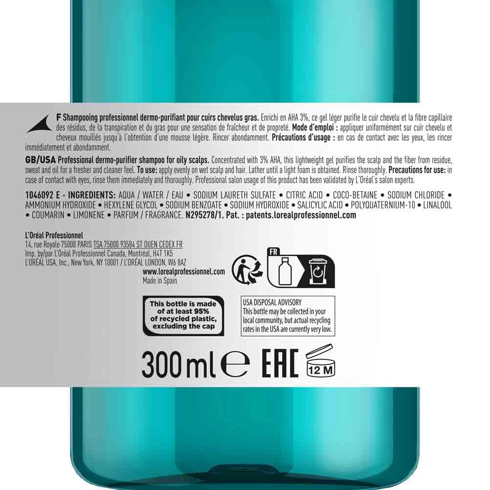 L’Oréal Professionnel, Shampoo Anti-Oleoso Enriquecido com Ingredientes Dermatologicamente Ativos para Couro Cabeludo Oleoso, Scalp Advanced, 300 ml