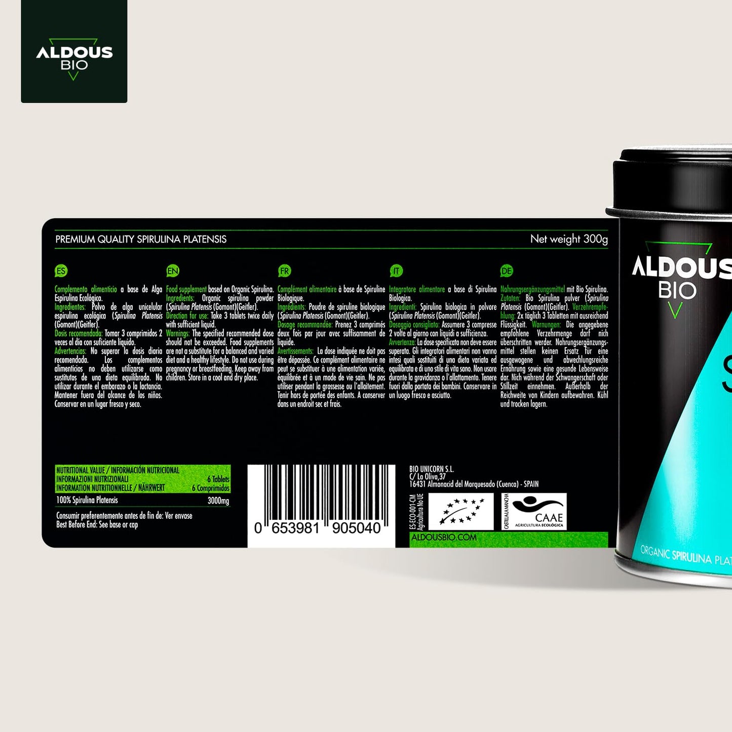 600 Comprimidos de Chlorella e Spirulina Aldous Bio