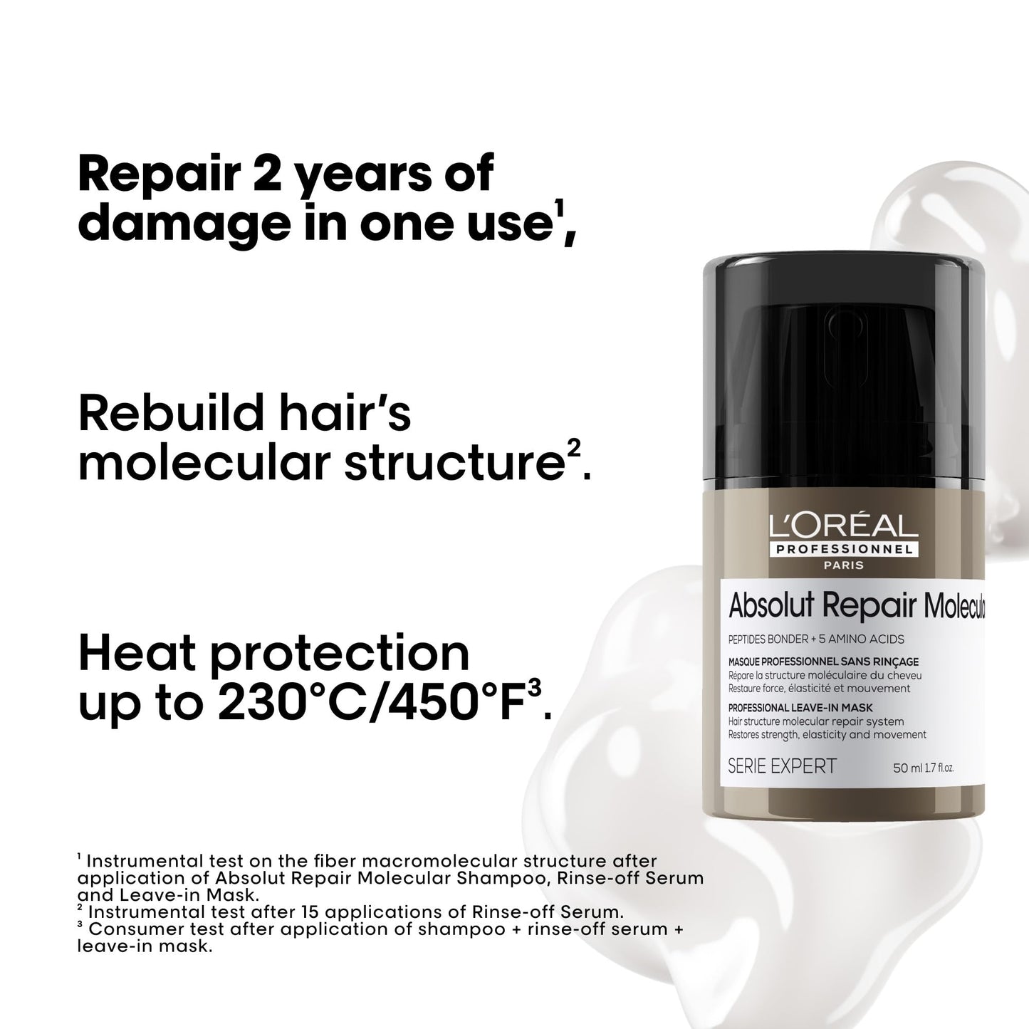 L’Oréal Professionnel, Máscara Reparadora Leave-In, Textura Cremosa, Repara Danos e Fortalece, Proteção Térmica, Fórmula Patenteada, para Cabelos Danificados, Absolut Molecular Repair, 50ml