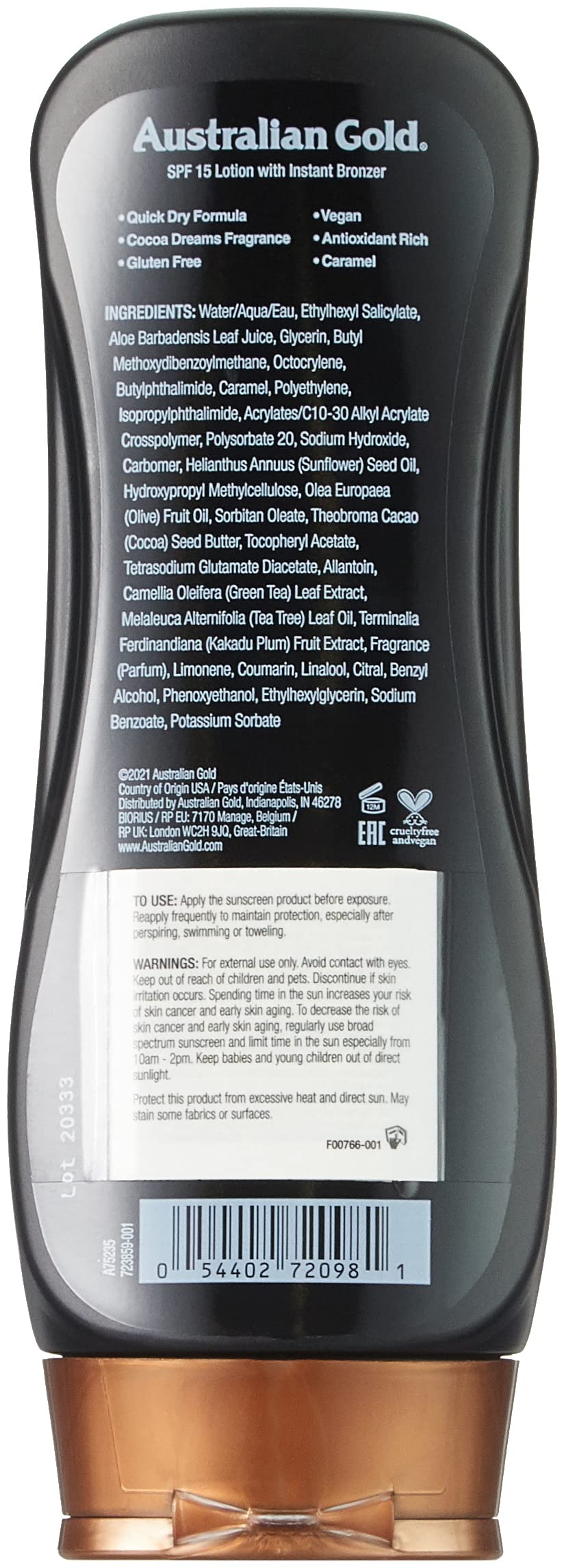 Australian Gold Bronzer Loção Spf15 ml Unissexo, Único, Negro, 237 Mililitros