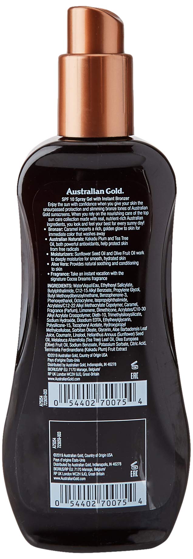 Australian Gold Protetor solar FPS 10 em gel spray com bronzeador instantâneo cor marrom 237 Ml