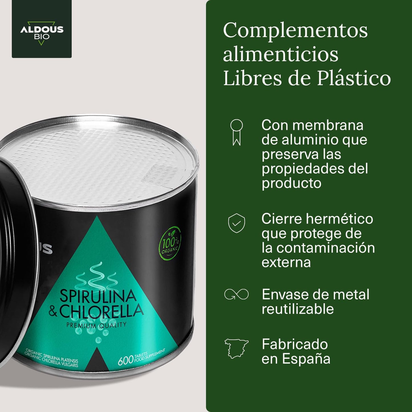 600 Comprimidos de Chlorella e Spirulina Aldous Bio