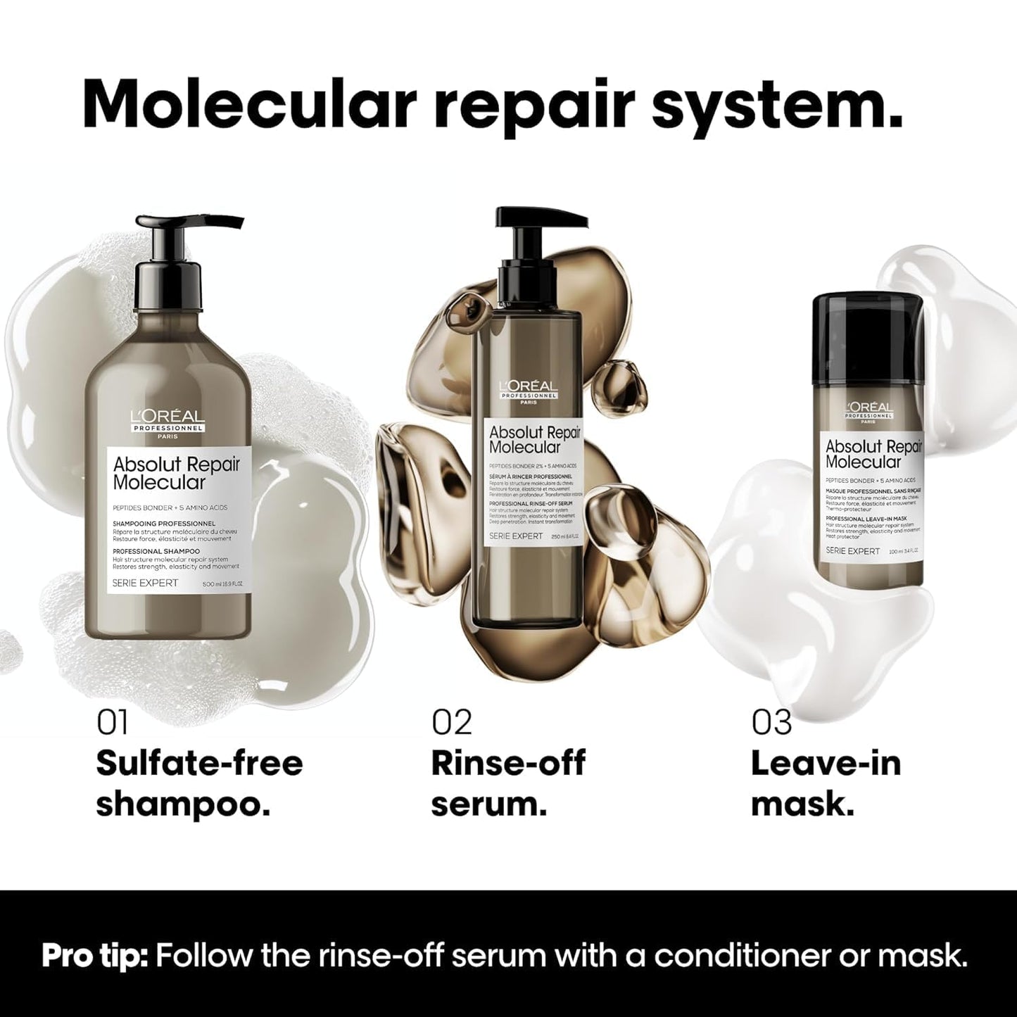 L’Oréal Professionnel, Tratamento Molecular Instantâneo, Sérum com Enxágue para Cabelos Secos e Danificados, Sem Sulfato, Repara Danos e Fortalece os Cabelos, Fórmula Patenteada, Absolut Repair Molecular, 250ml