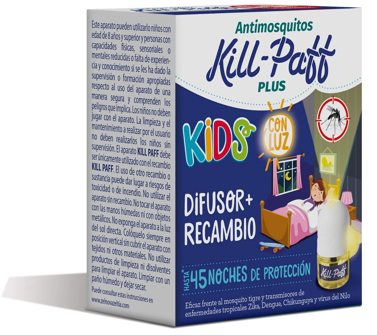 KILL-PAFF KIDS | Inseticida elétrico | Repelente de mosquitos | Eficaz contra mosquitos-tigre e transmissores de doenças tropicais | Sem cheiro | 45 noites de proteção | Conteúdo: 1 Diferencial + 1 Repelente