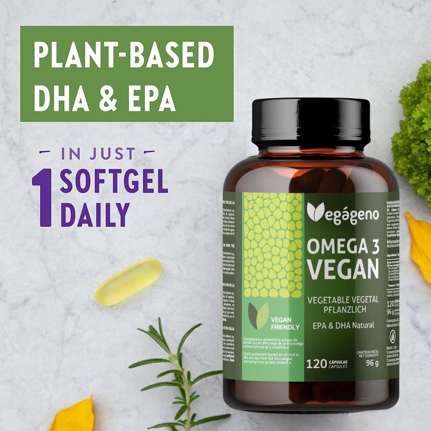 VEGAGENO OMEGA 3 Vegano - 2000 mg de óleo de algas de origem vegetal