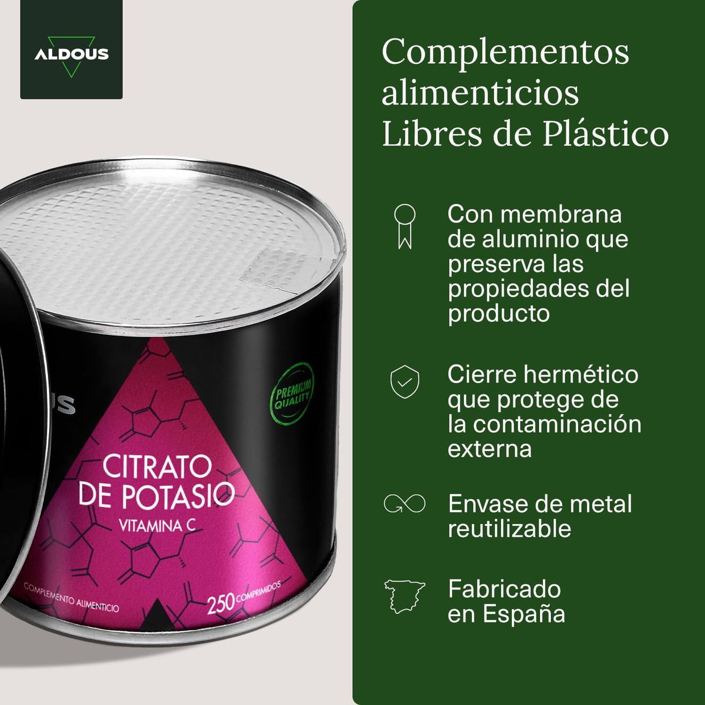 Citrato de Potasio 3705 mg - 250 comprimidos Sin Recubrimiento - Potasio Puro 1000 mg + Vitamina C 80mg - Suplemento Deportivo - Músculos, Tensión Arterial, Sistema Nervioso - Libre de Plásticos