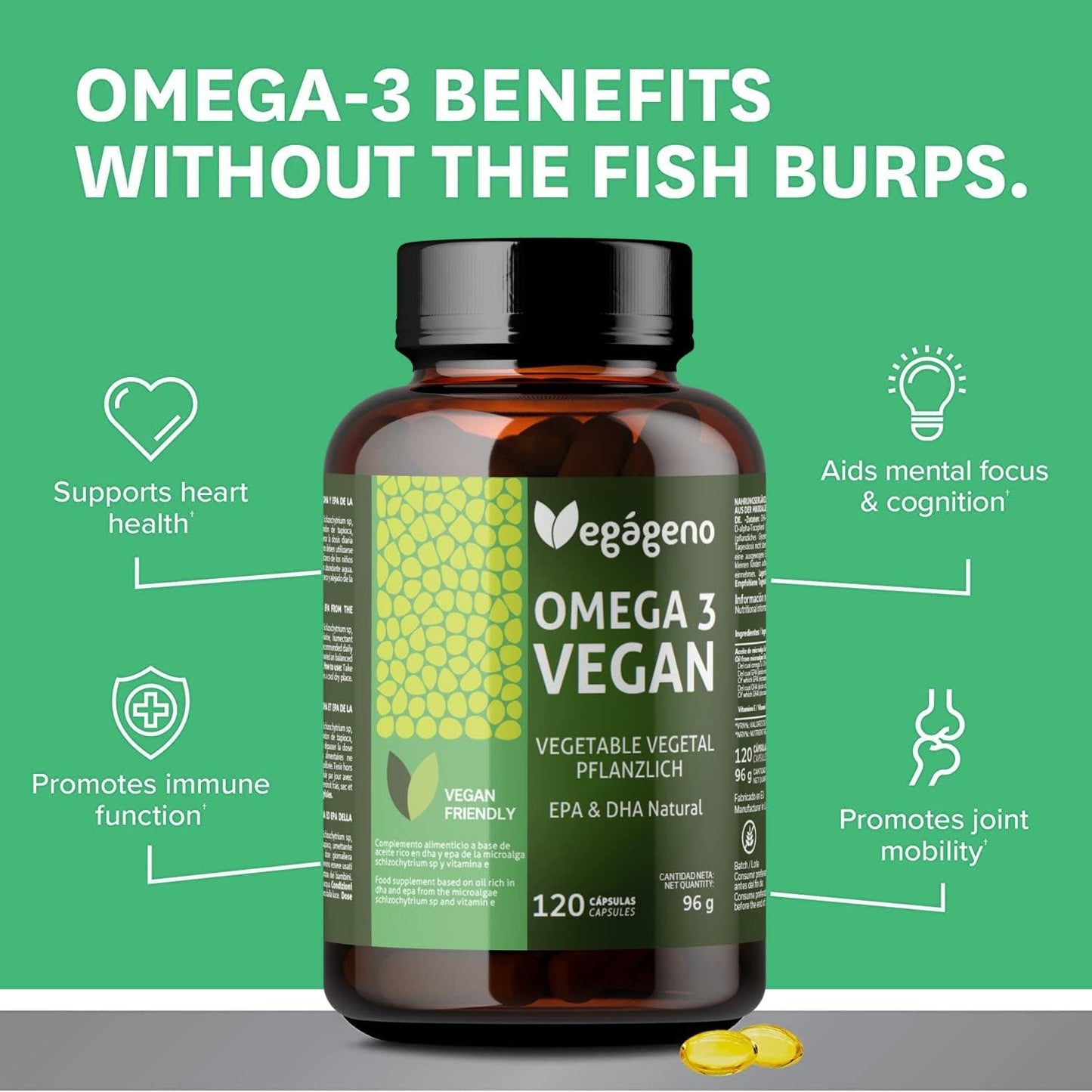 VEGAGENO OMEGA 3 Vegano - 2000 mg de óleo de algas de origem vegetal