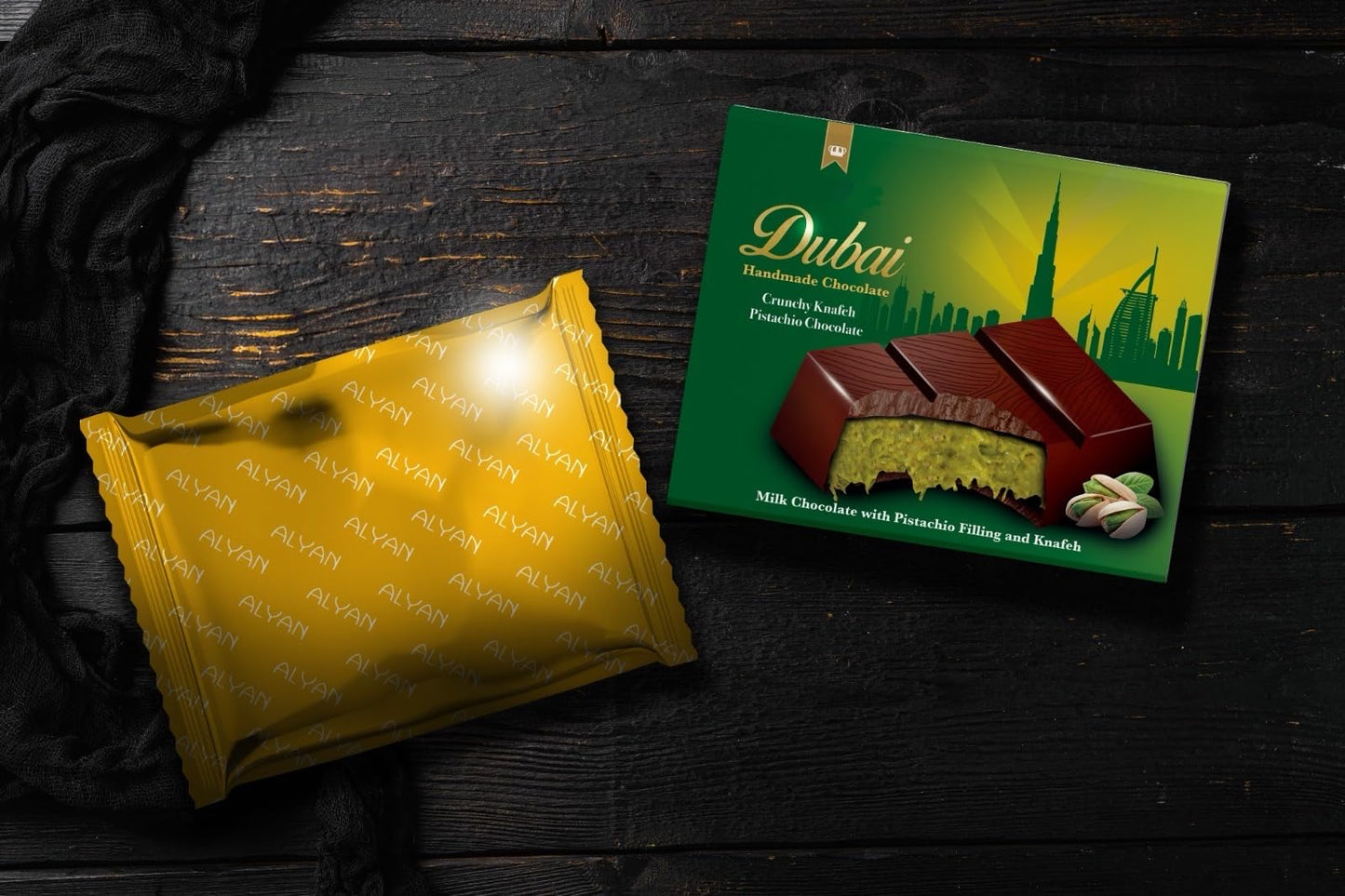 Chocolate Dubai 100 g, com chocolate, pistache e kadaif