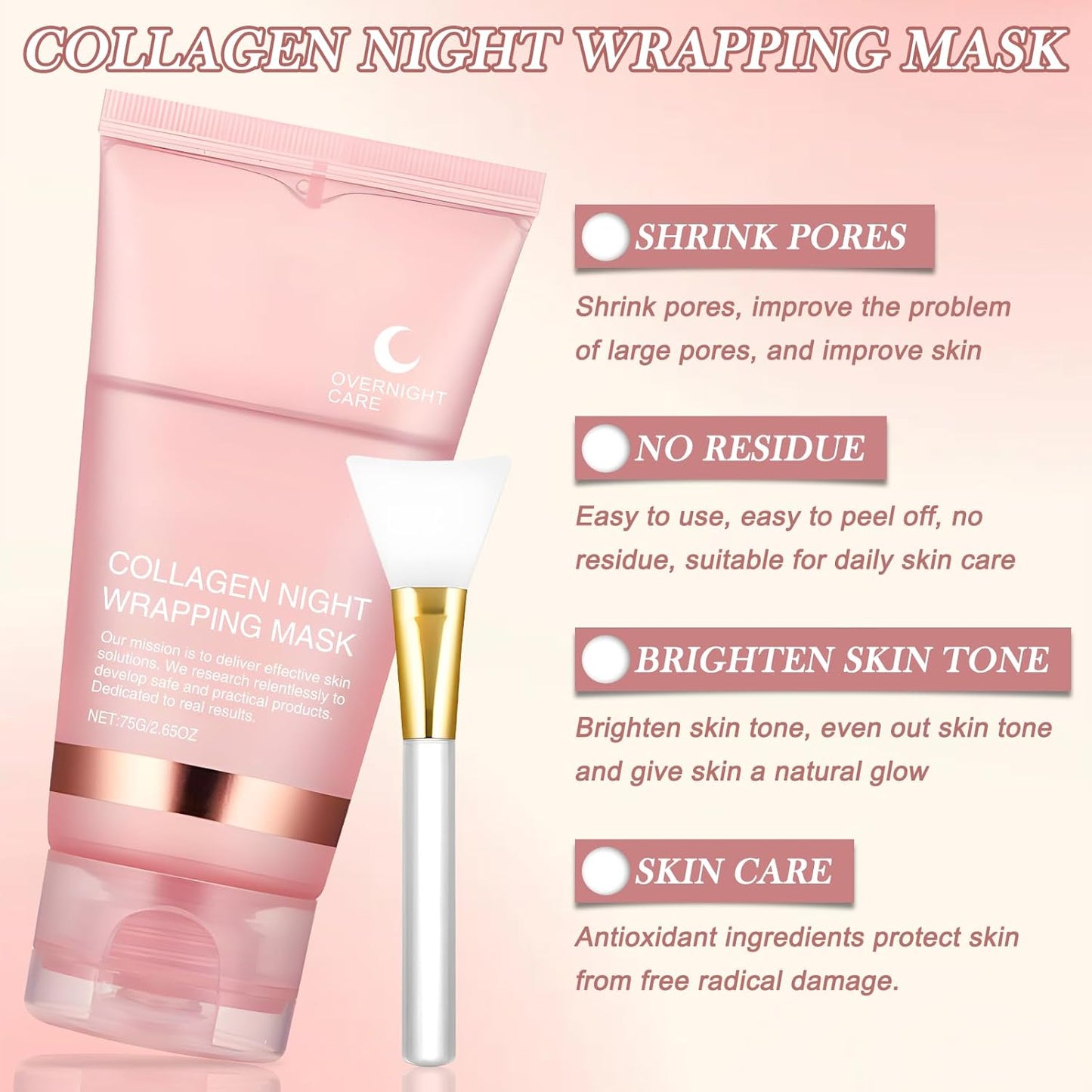 Máscara facial coreana noturna em gel com bio-colágeno, ideal para cuidados da pele, promovendo brilho e reduzindo poros