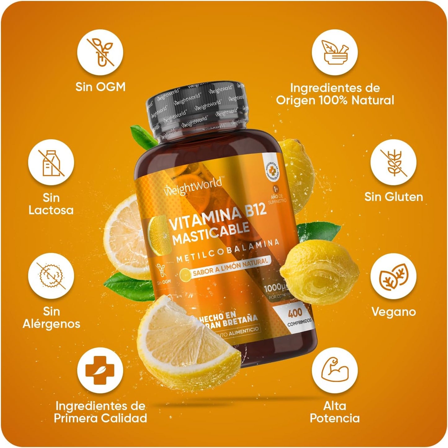 Frasco de Vitamina B12 Mastigável de 1000mcg com 400 comprimidos veganos, sabor de limão natural, ideal para metabolismo