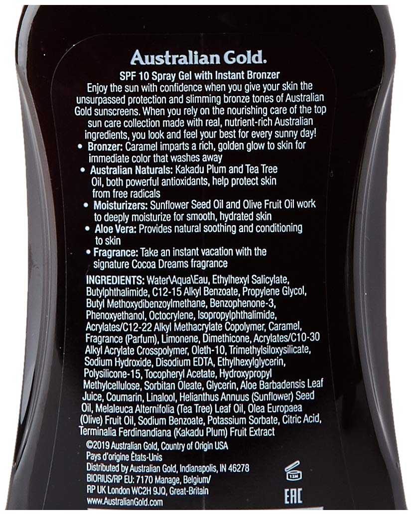 Australian Gold Protetor solar FPS 10 em gel spray com bronzeador instantâneo cor marrom 237 Ml