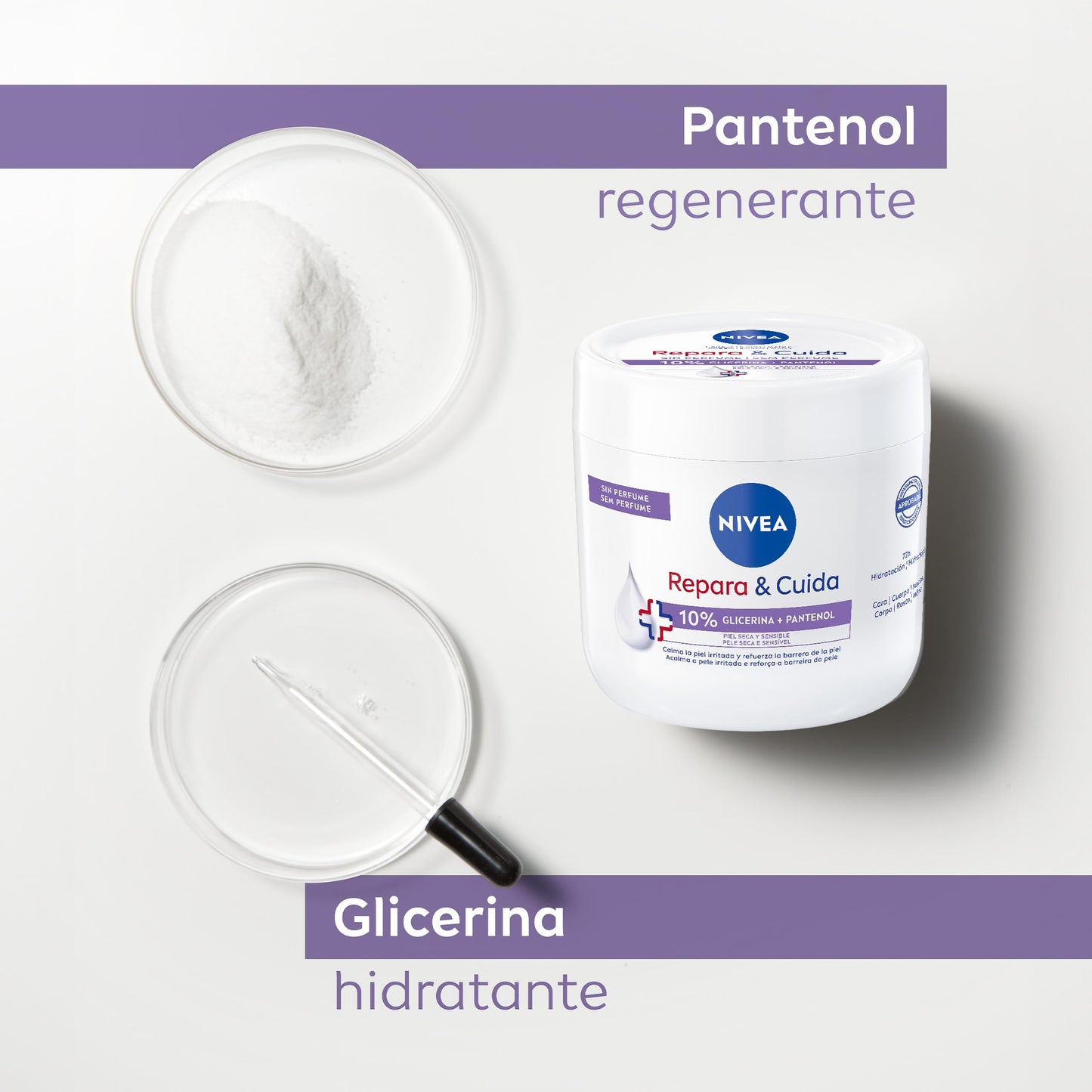 Creme hidratante NIVEA 400ml com glicerina e vitamina E, ideal para corpo, rosto e mãos, oferecendo hidratação intensa por 72 horas.