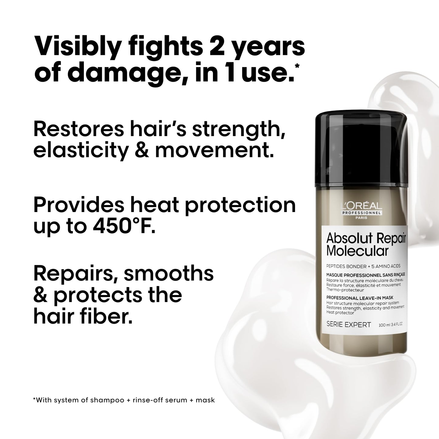 L’Oréal Professionnel, Máscara Reparadora Leave-In, Textura Cremosa, Repara Danos e Fortalece, Proteção Térmica, Fórmula Patenteada, para Cabelos Danificados, Absolut Molecular Repair, 50ml