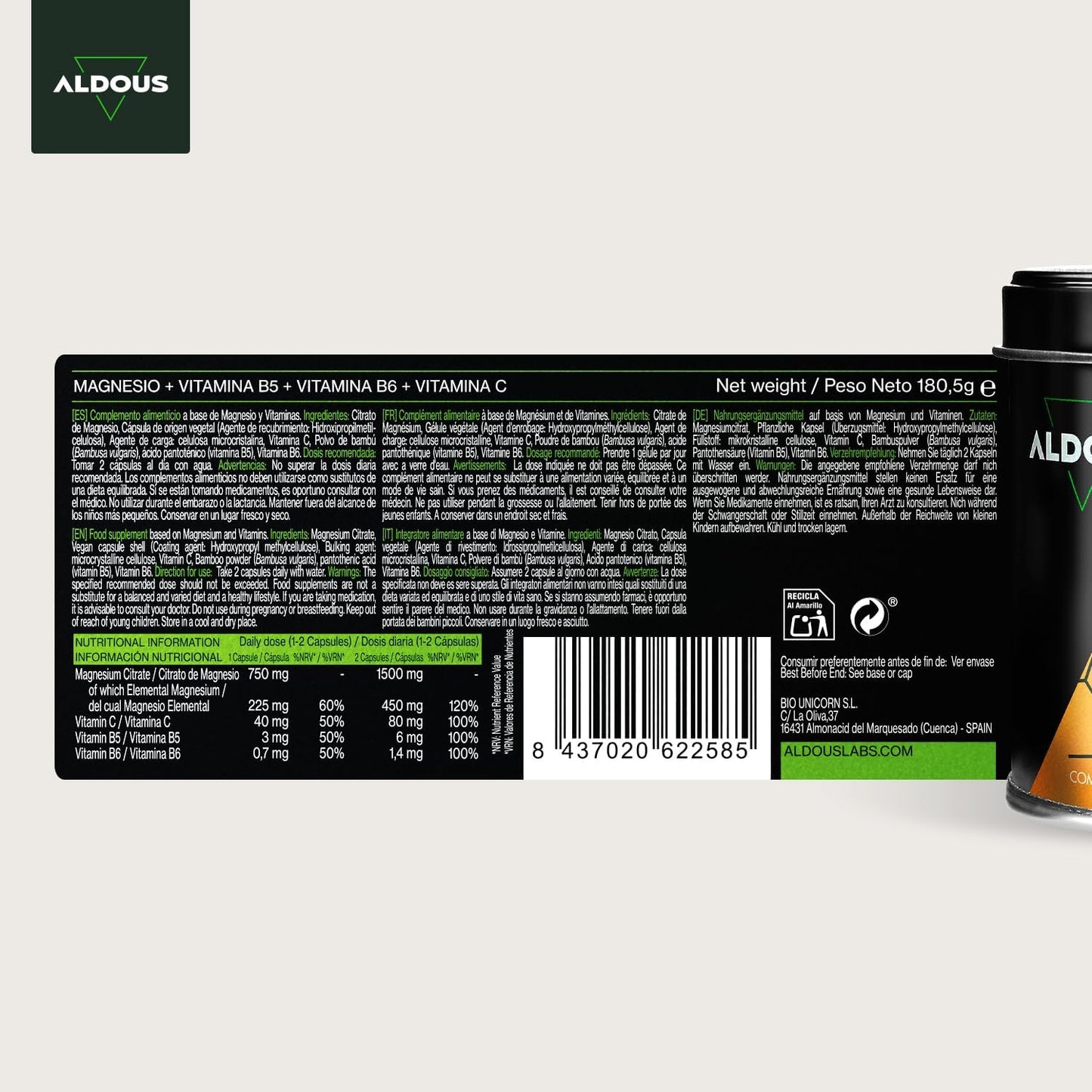 Cápsulas de magnésio com vitamina C, B5 e B6, 1500 mg, na embalagem de 200 unidades, fabricadas na Espanha