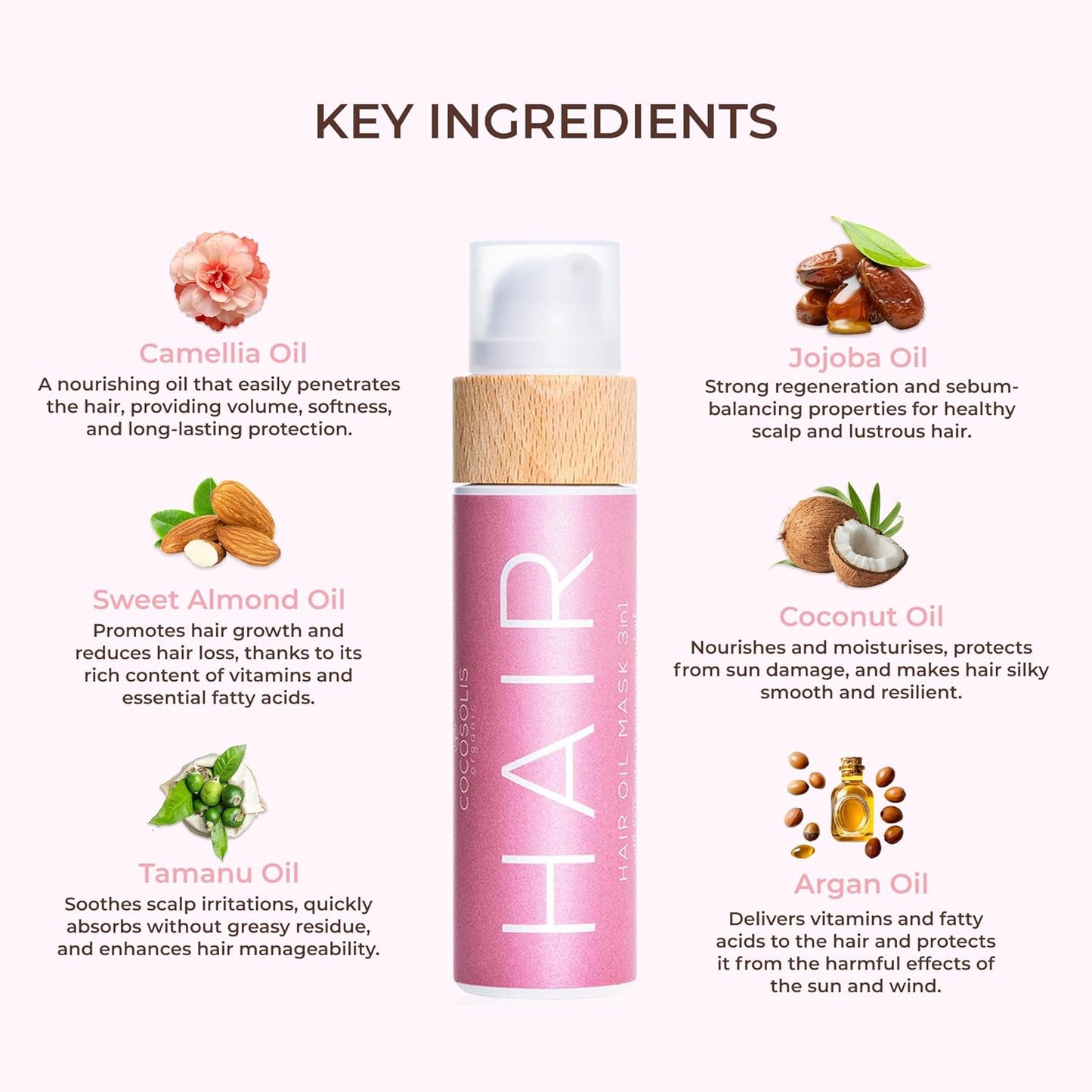 COCOSOLIS HAIR Óleo capilar orgânico 3 em 1 com óleos essenciais, cabelos, unhas e cílios - Aroma tropical