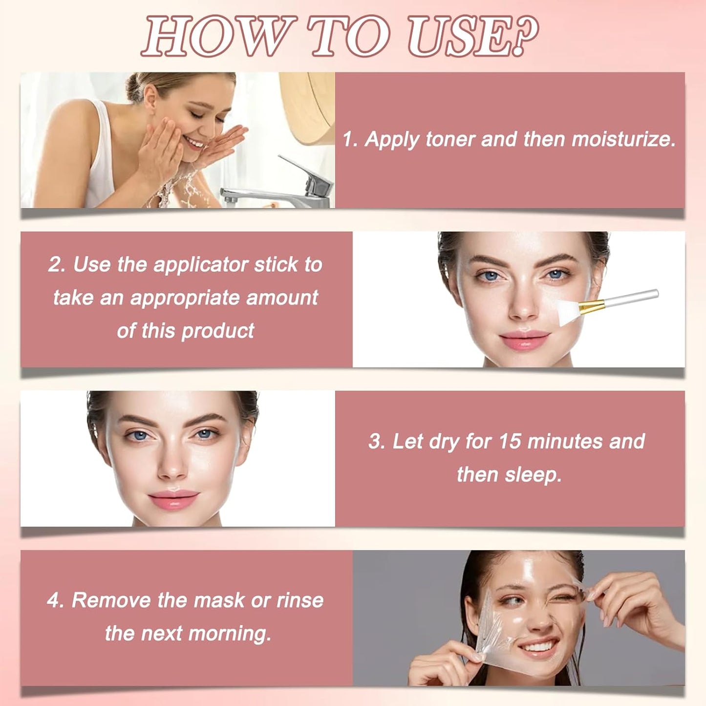 Instruções de uso para máscara facial coreana noturna em gel de bio-colagénio, 75ml, resultando em pele hidratada e rejuvenescida.