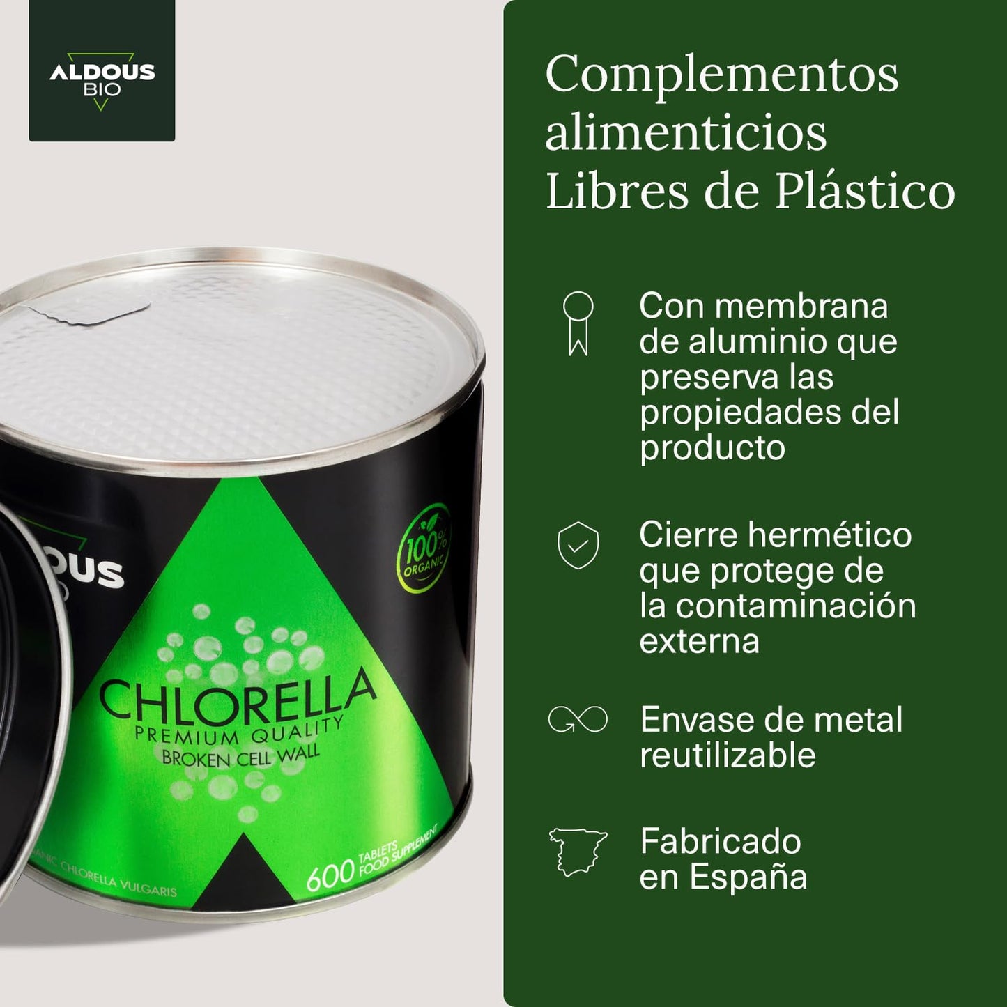 600 Comprimidos de Chlorella e Spirulina Aldous Bio