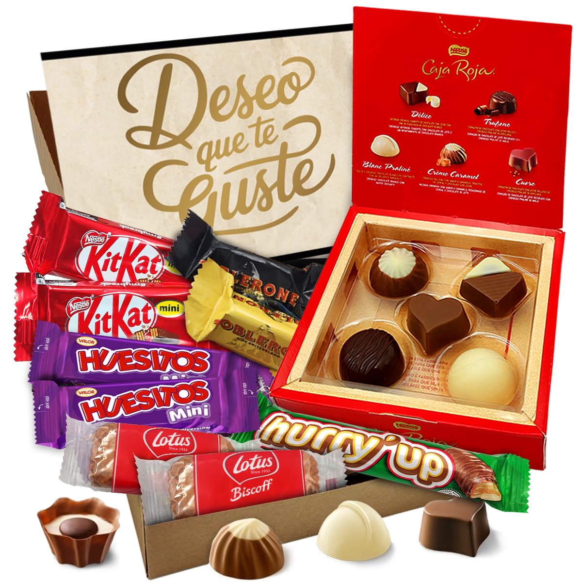Caixa de presente original com 17 chocolates Kinder Bueno, cartões Kinder, Twix, Mars, Kit Kat, Huesitos, biscoito Lotus Biscoff e muito mais