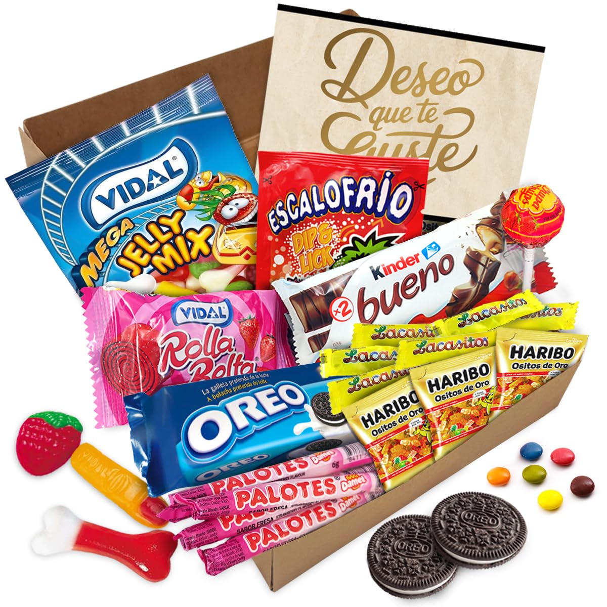Caixa de presente original com 17 chocolates Kinder Bueno, cartões Kinder, Twix, Mars, Kit Kat, Huesitos, biscoito Lotus Biscoff e muito mais
