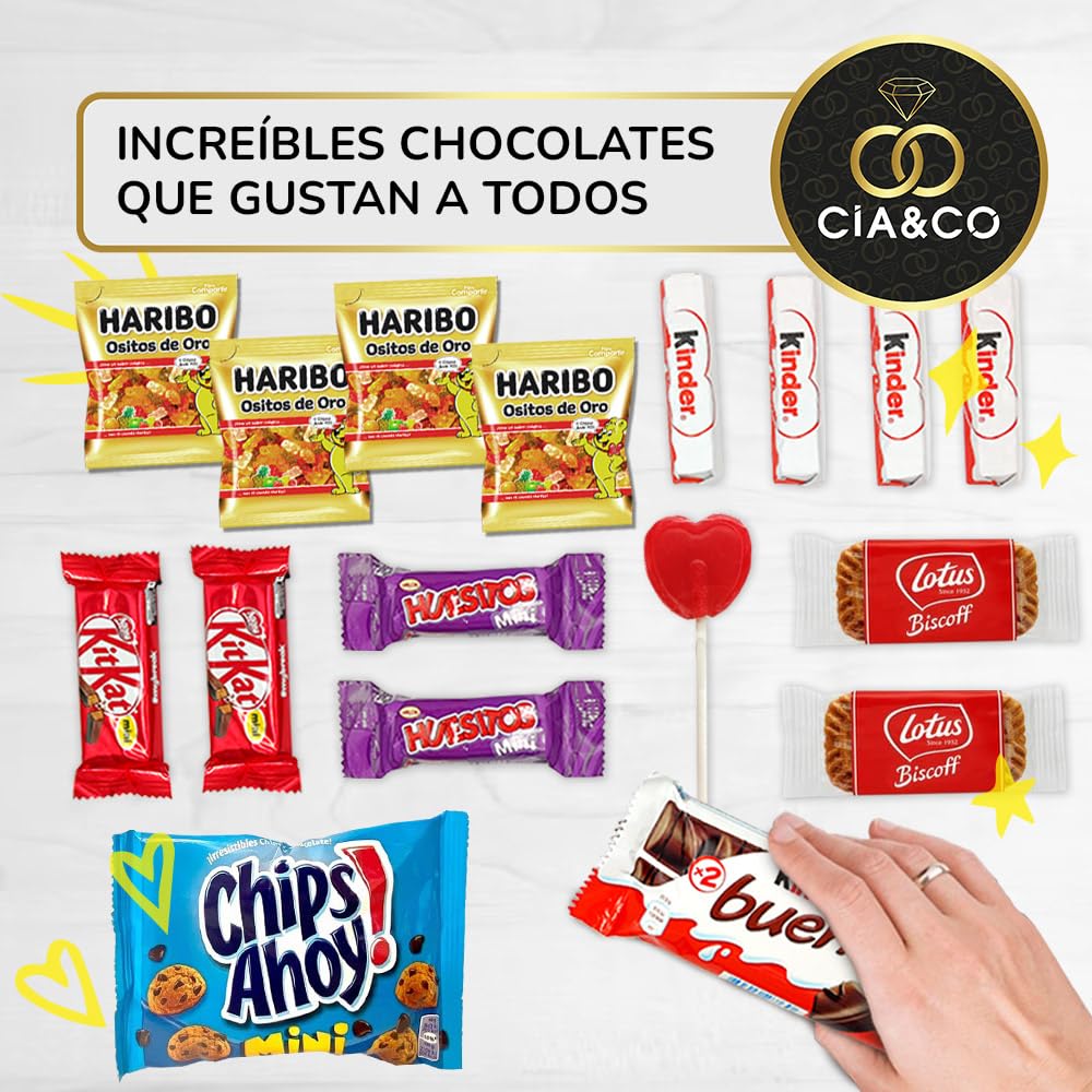 Caixa de presente original com 17 chocolates Kinder Bueno, cartões Kinder, Twix, Mars, Kit Kat, Huesitos, biscoito Lotus Biscoff e muito mais
