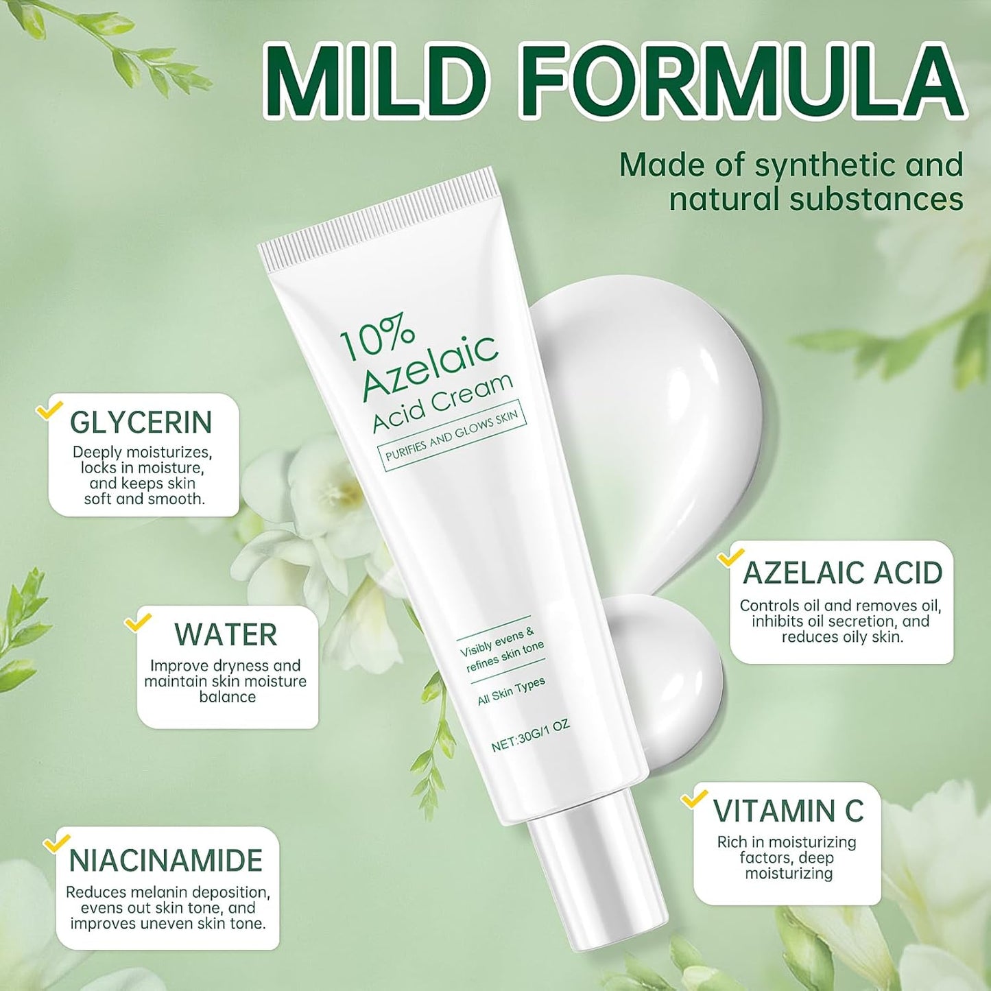 Allony Creme, 10% ácido azelaico 30g, com Niacinamida, Reduz as manchas